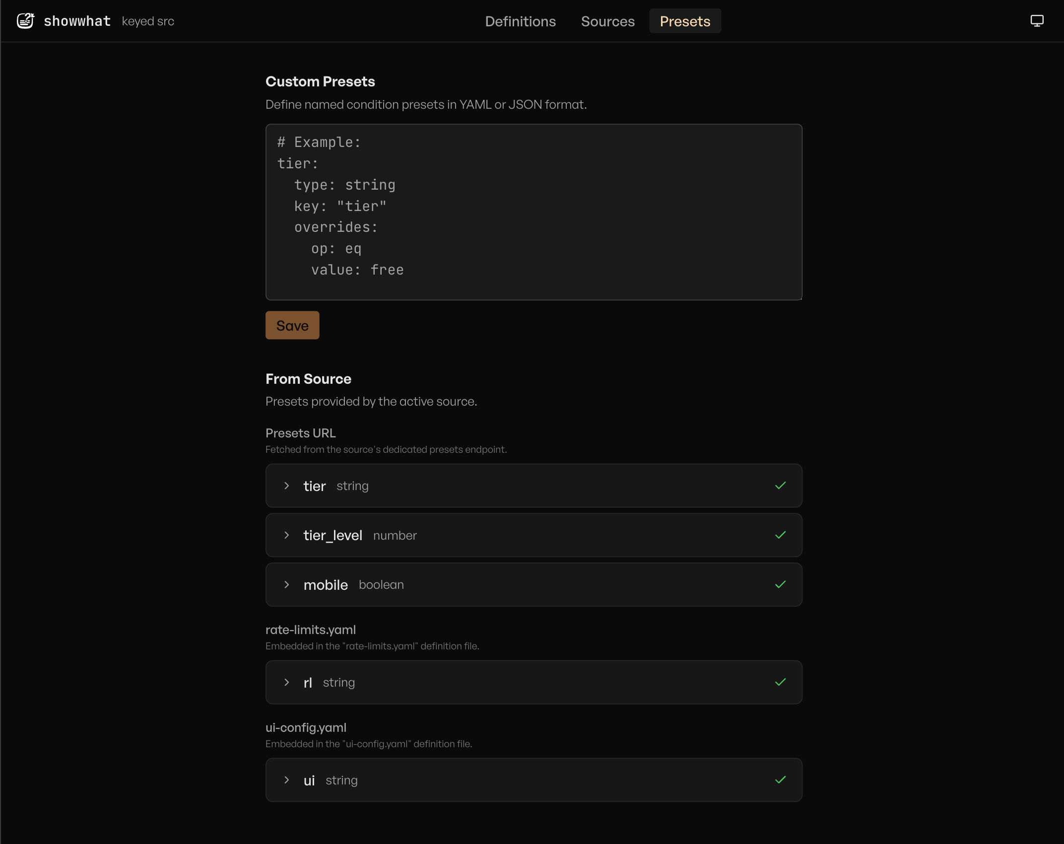 Presets tab with editor and viewer