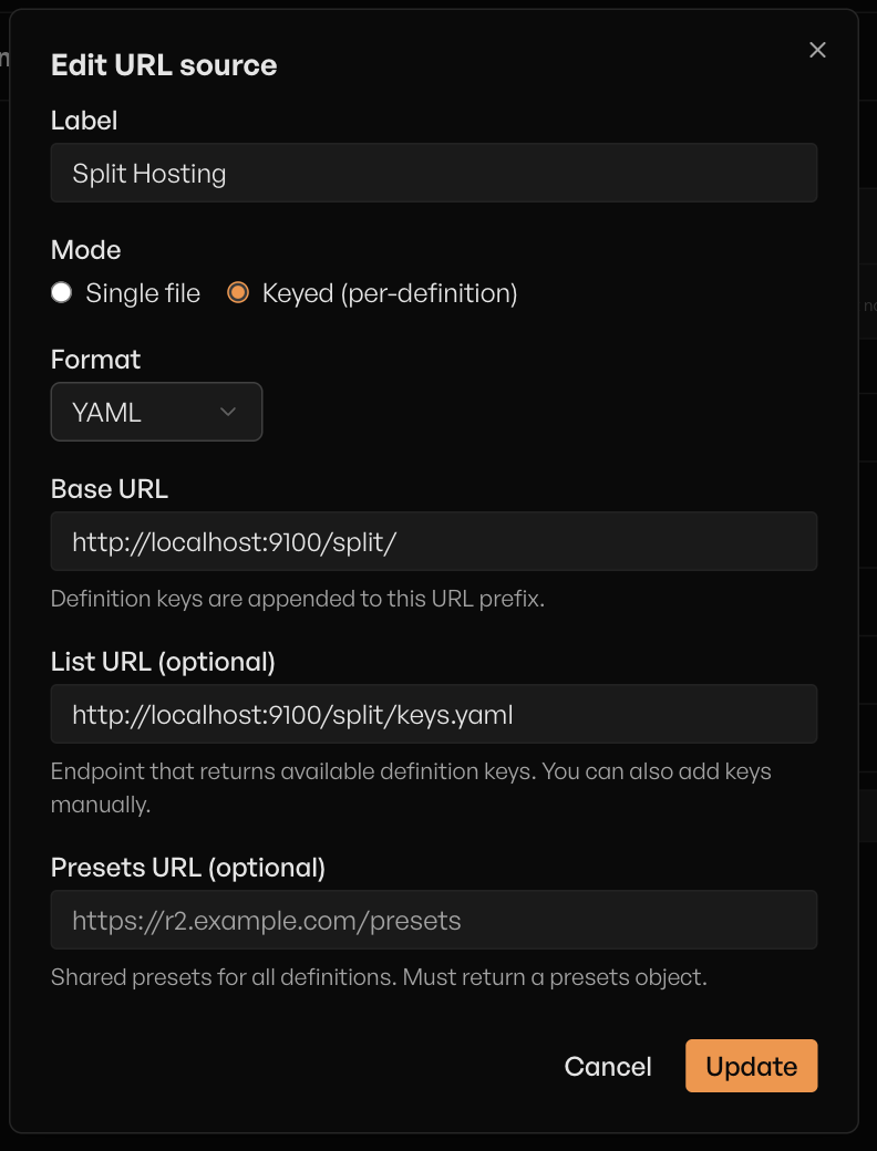 Add source dialog in split mode